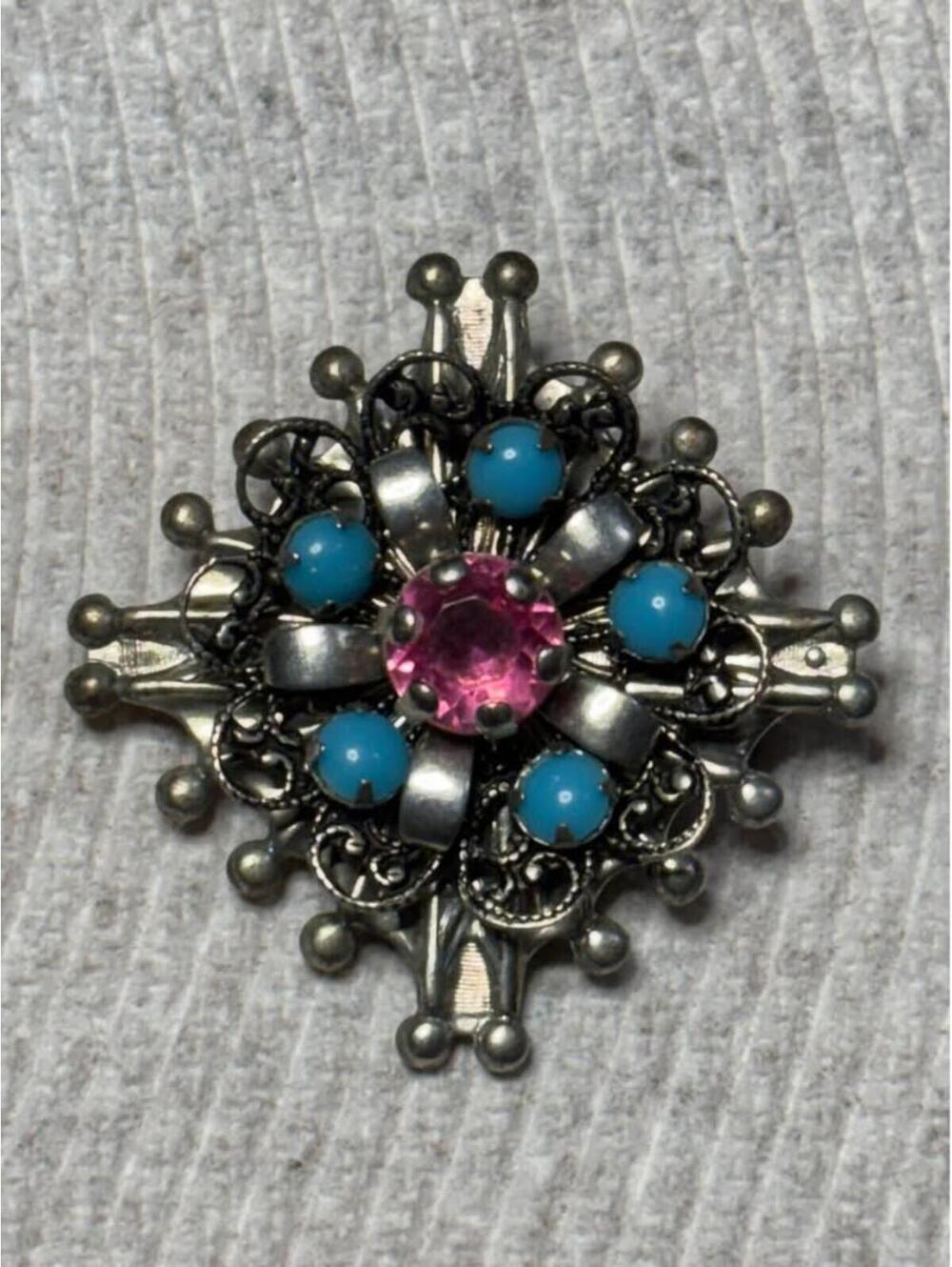 Vintage Pink and Turquoise Filigree Brooch